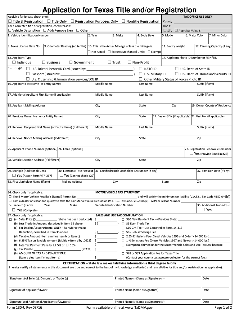Texas Form 130 U Fillable