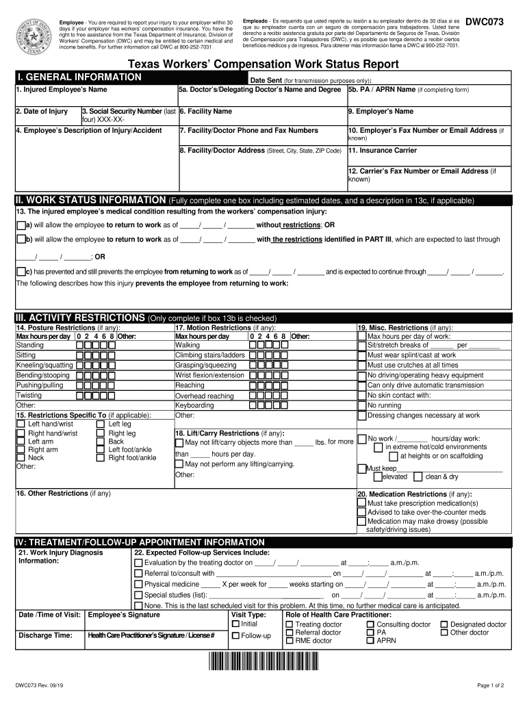 2019 2025 TX DWC Form 73 Fill Online Printable Fillable Blank 