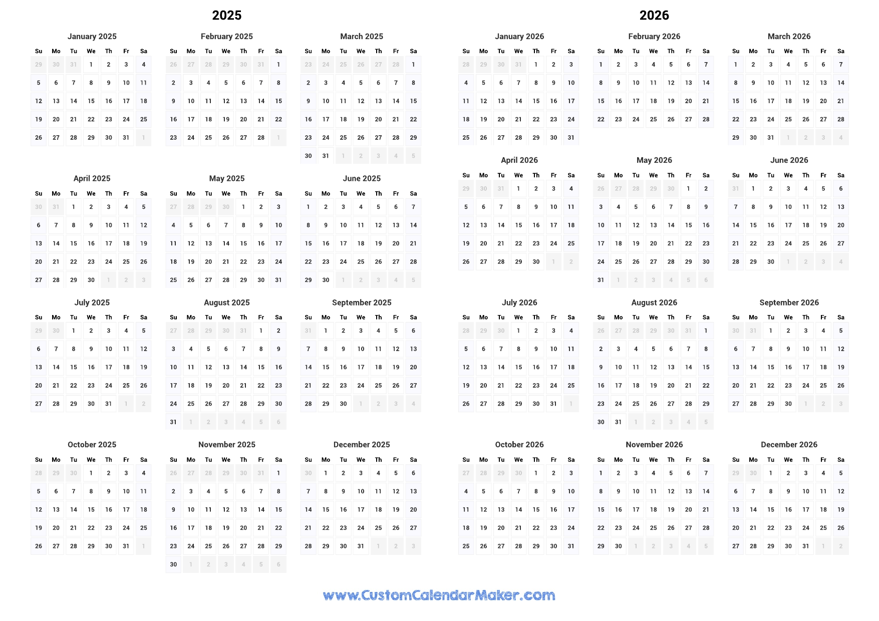2025 Calendar 2026 Printable Pdf