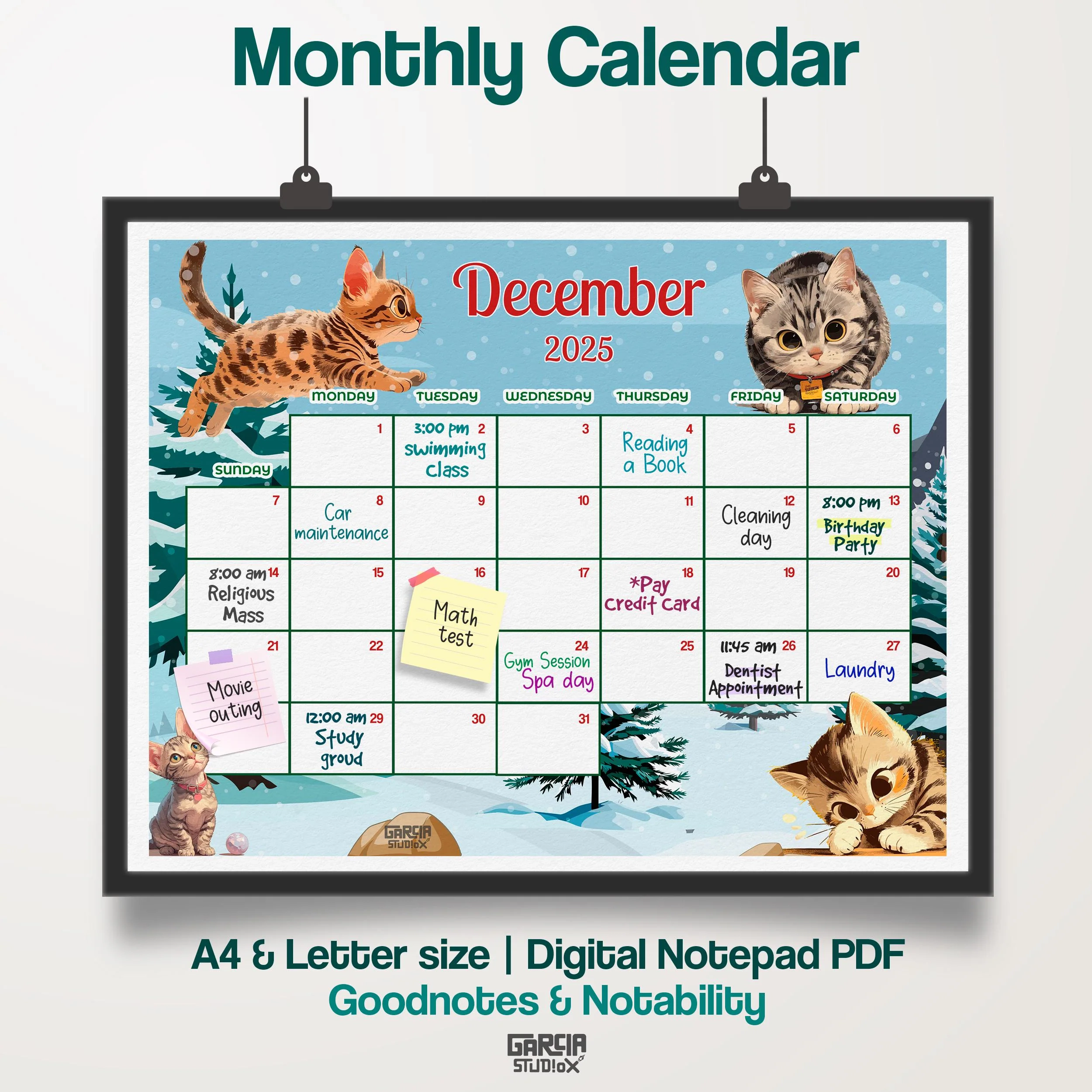2025 December Cat Calendar Editable Egyptian Mau Cat Wall 