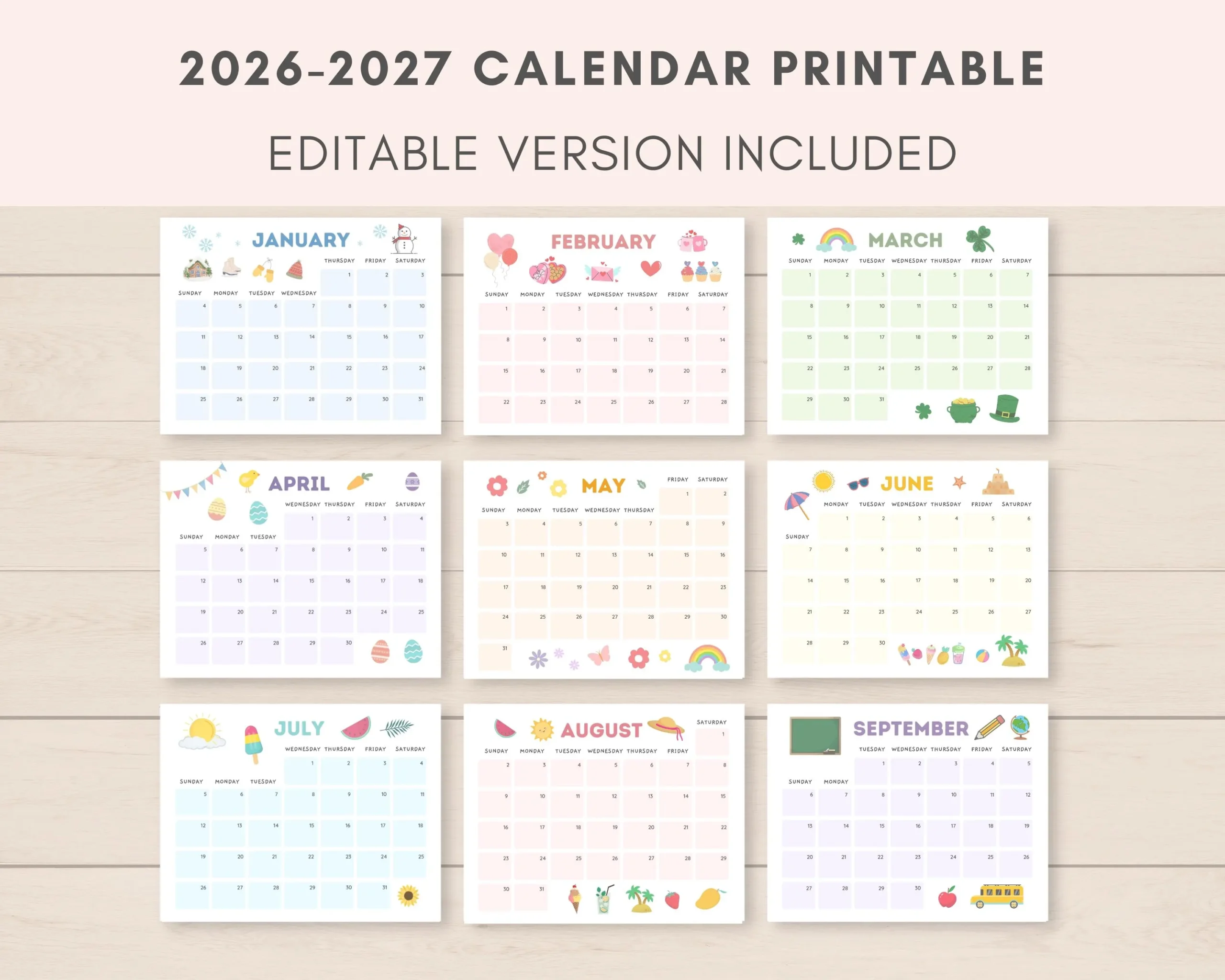 Cute Blank Calendar Printable 2026-2027
