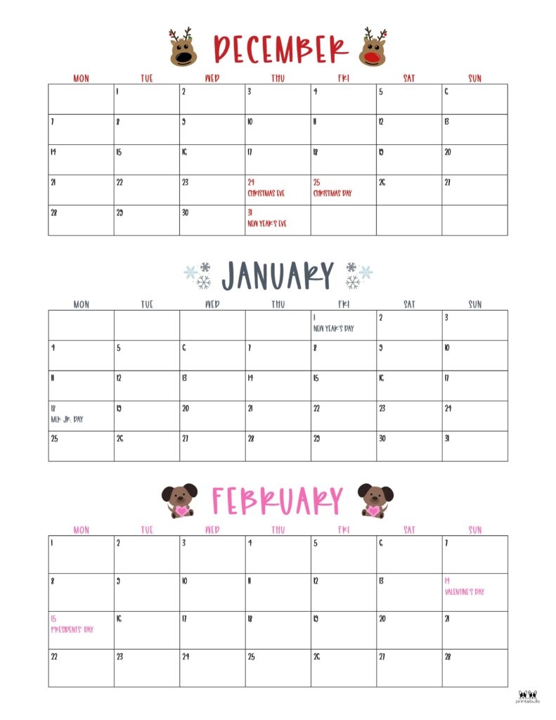 2026 2027 Winter Calendars 14 FREE Cals Printabulls