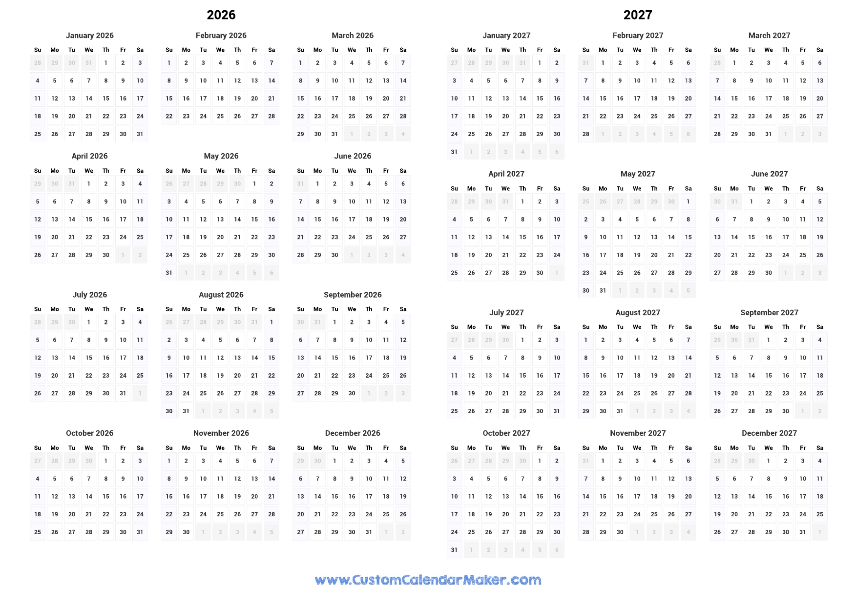 Blank Printable 2026-2027 School Calendar