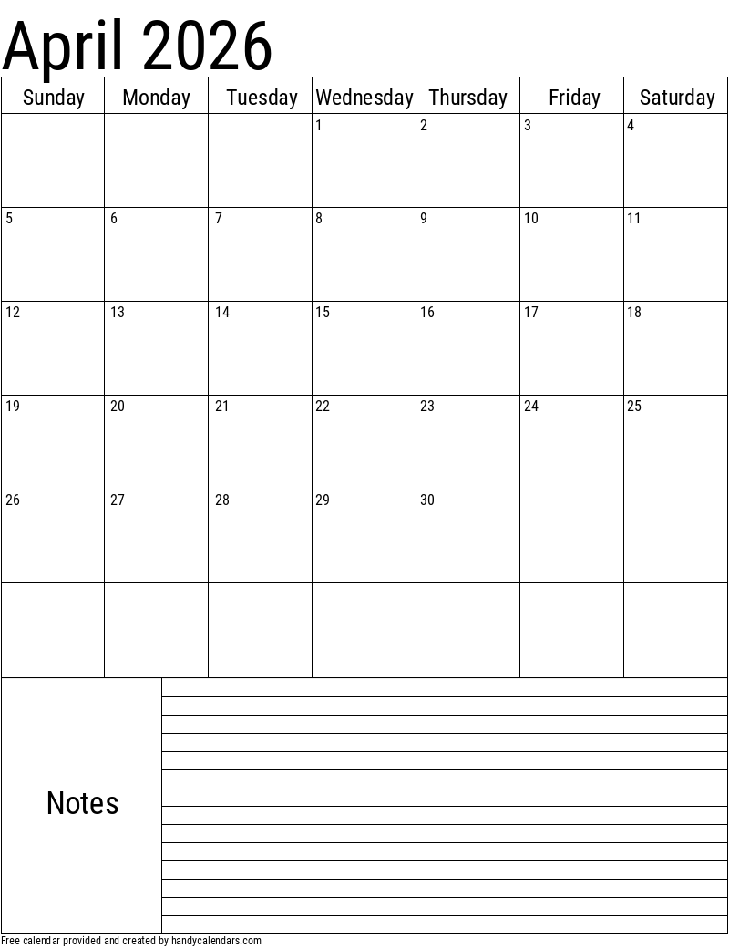 Blank Printable Calendar 2026 April