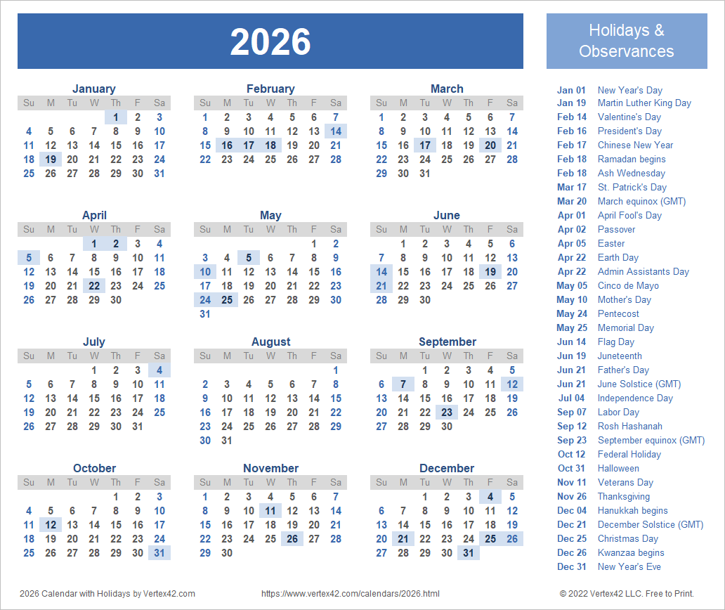 Printable Calendar Year Calendar 2026