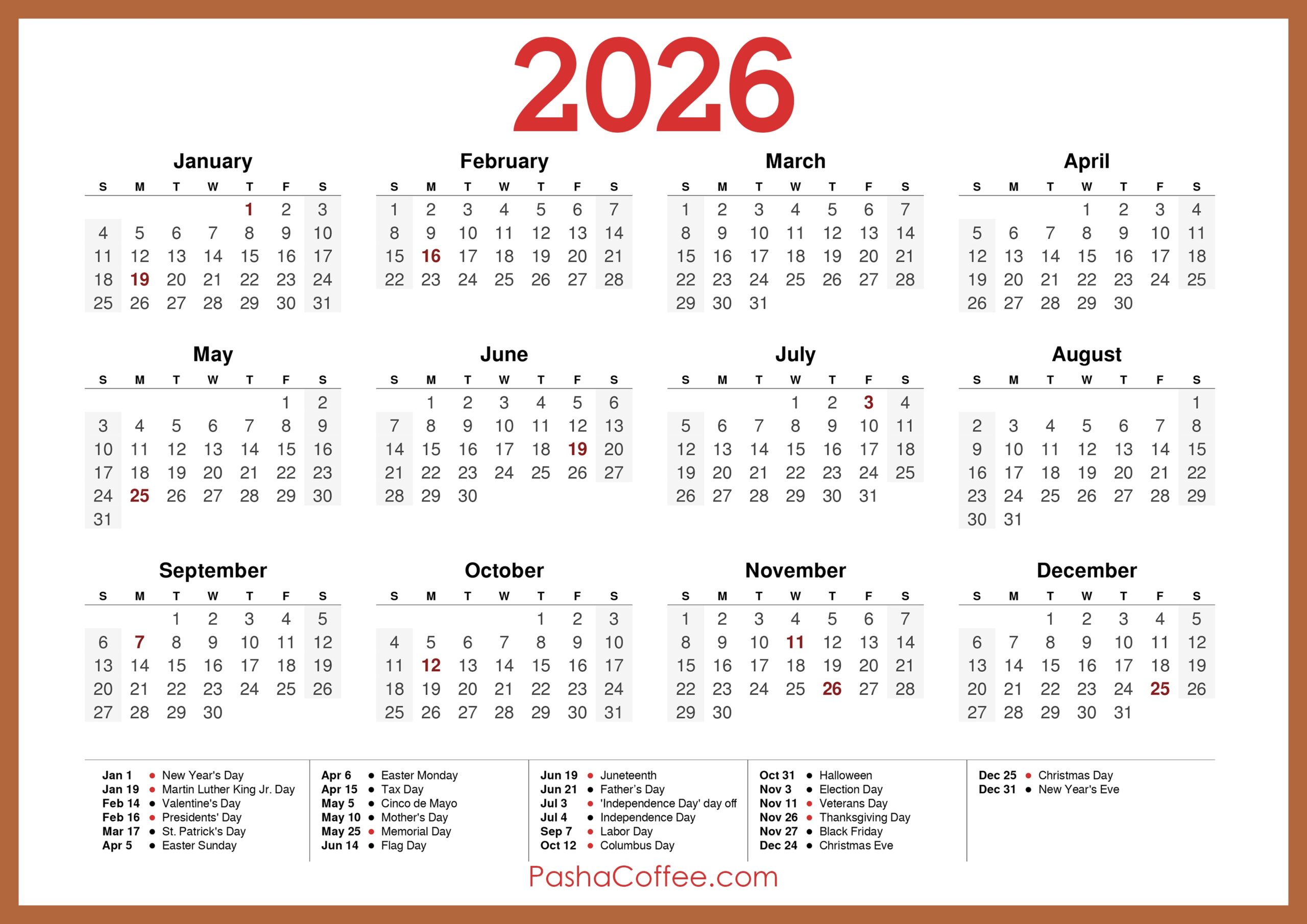 Free Printable 2026 Calendar With Holidays Pdf Free Download