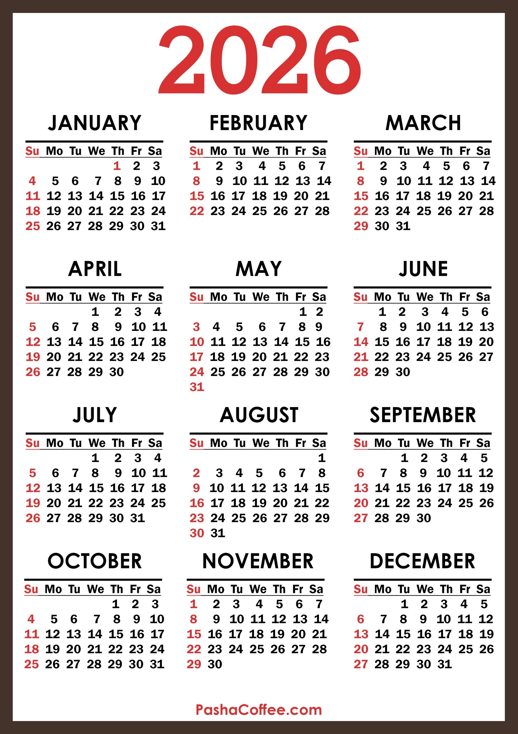 Free Printable Calendar 2026 With Holidays Pdf
