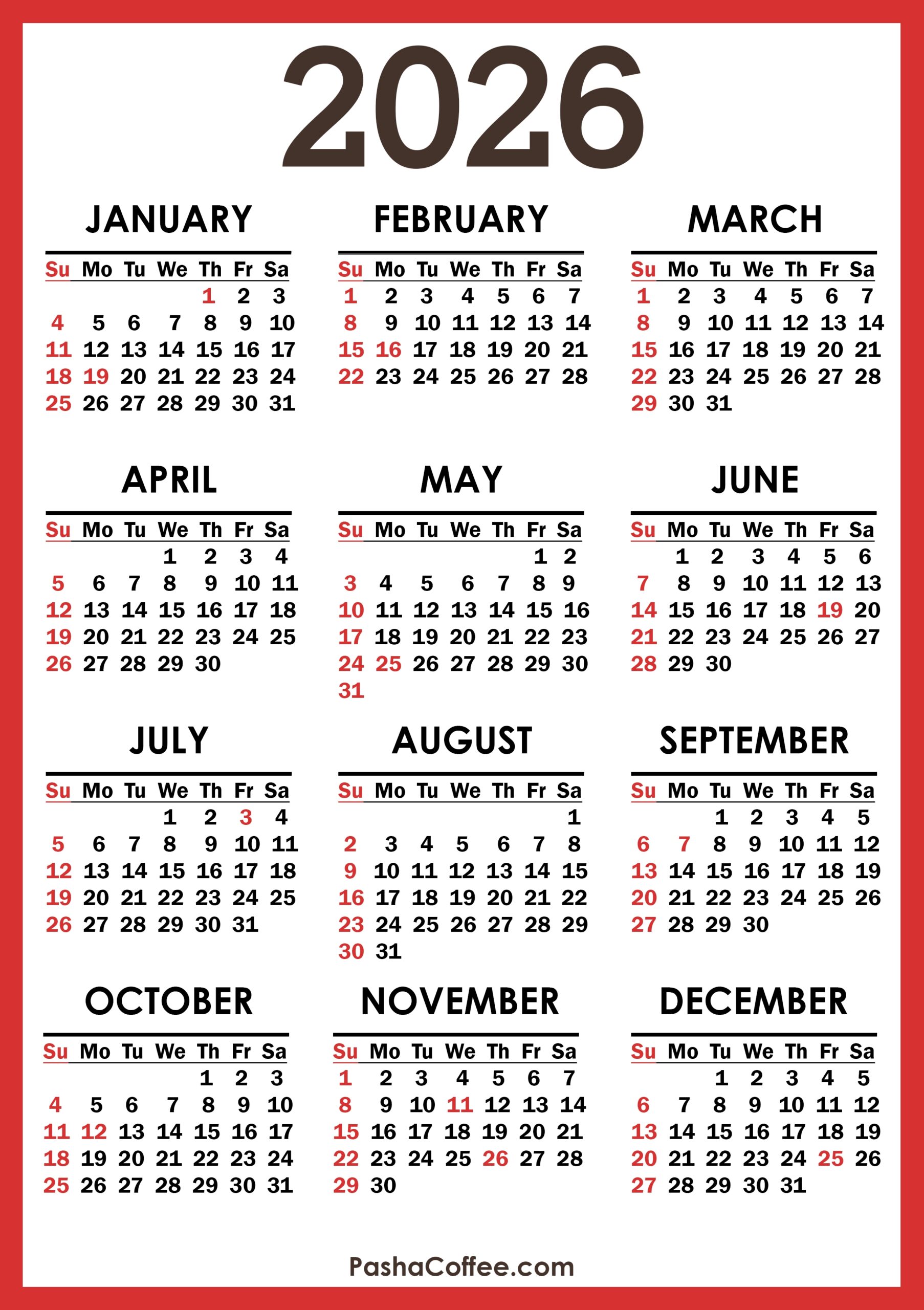 Pdf Yearly 2026 Calendar With Holidays Printable