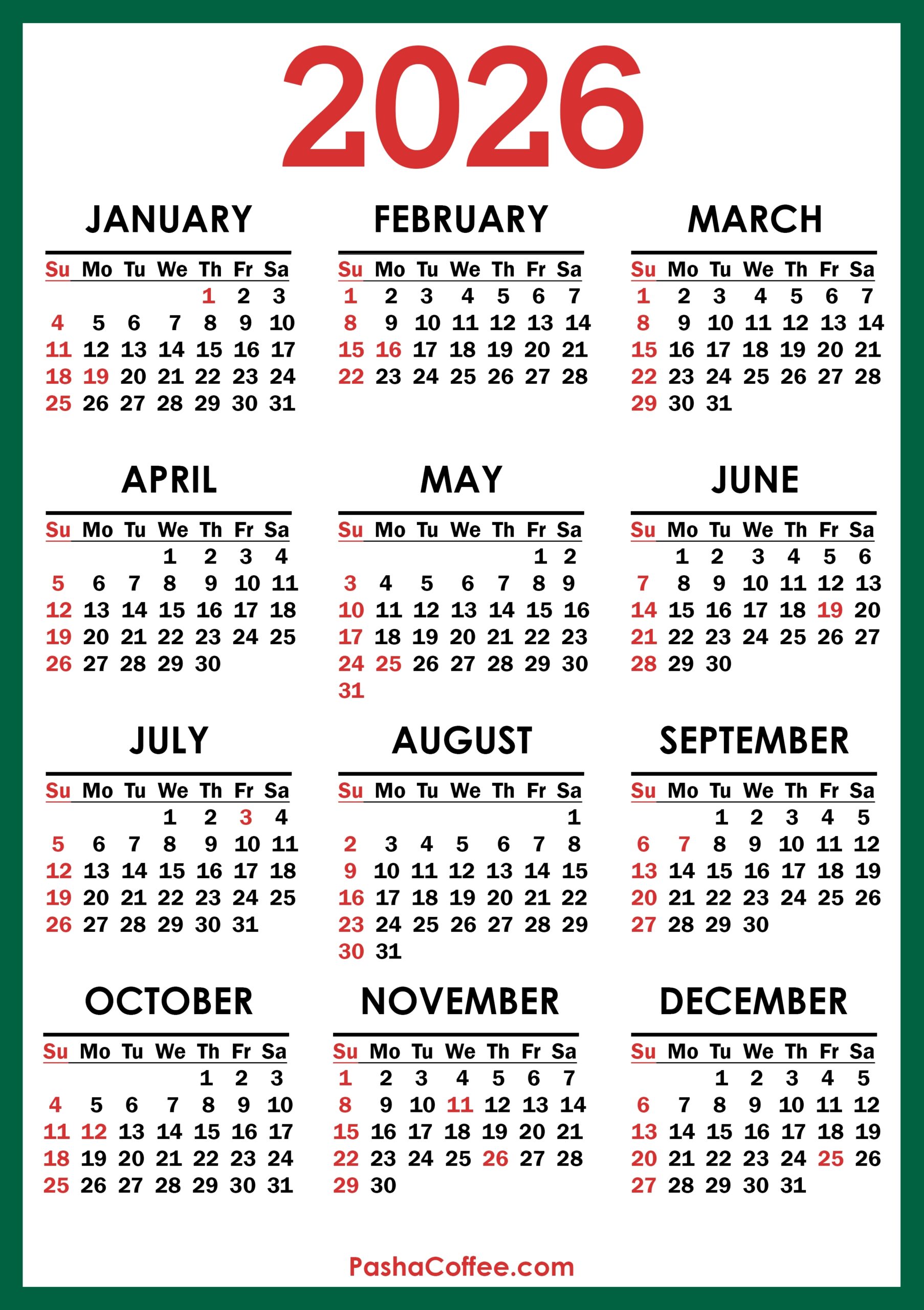 2026 Calendar With US Holidays Printable Free Vertical 