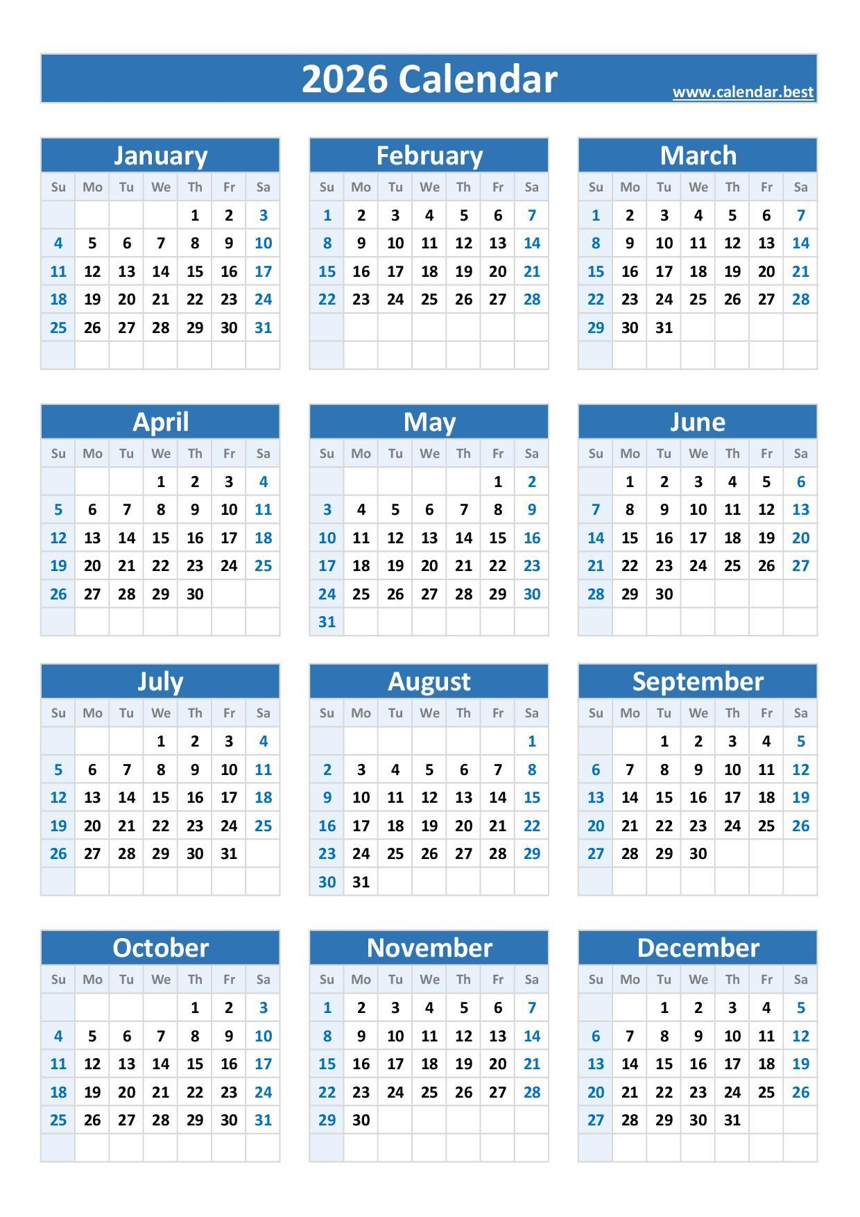 Blank Printable Portrait 2026 Calendars