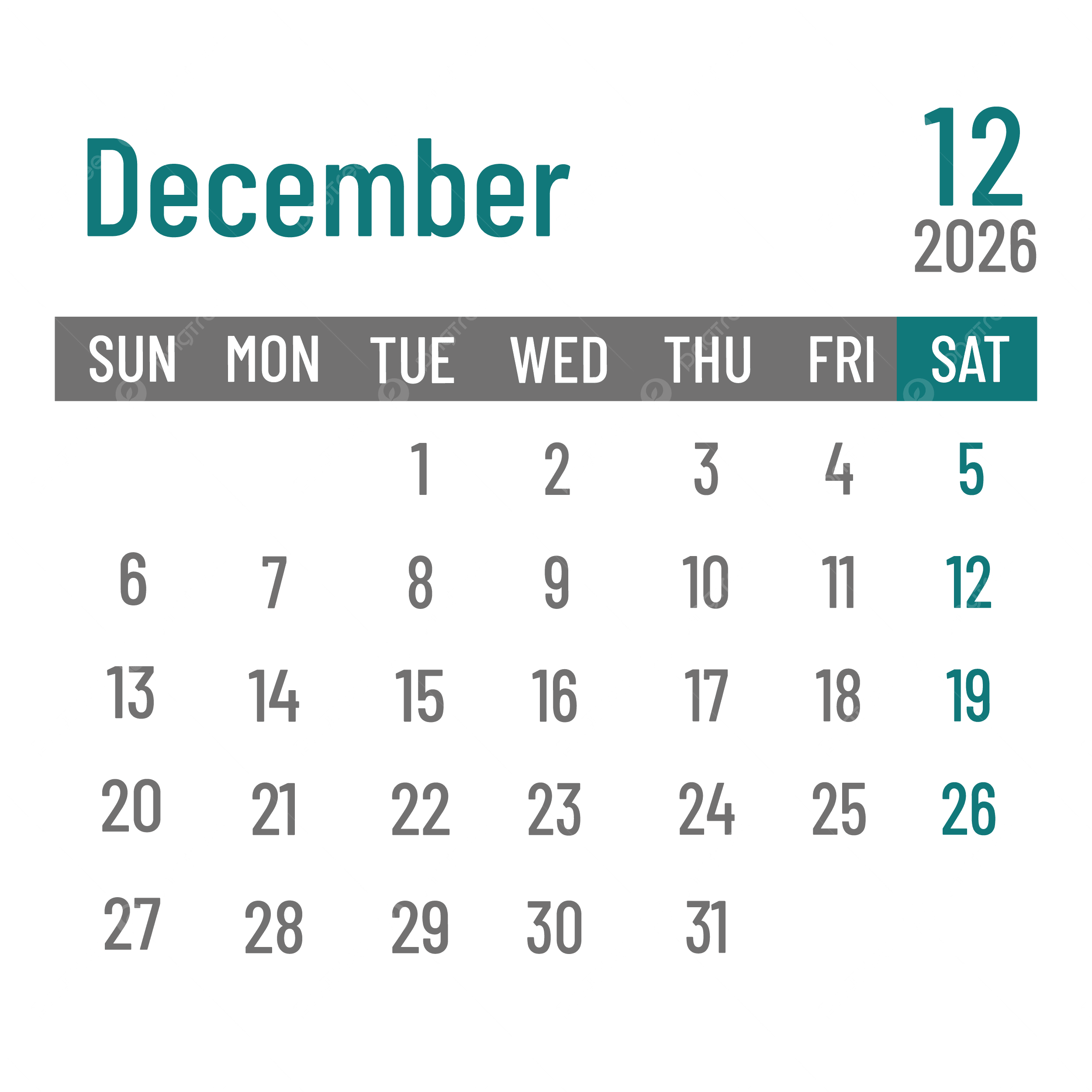 2026 English Calendar December Vector Calendar English 2026 PNG 
