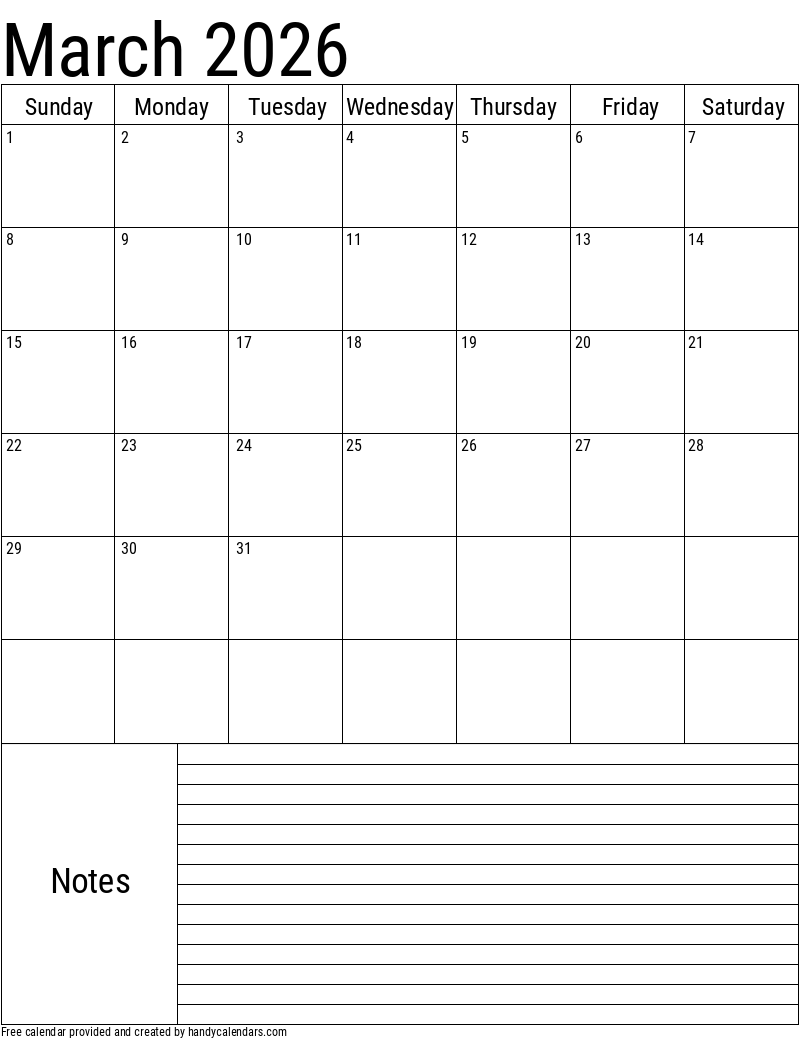 Blank March Calendar 2026 Printable