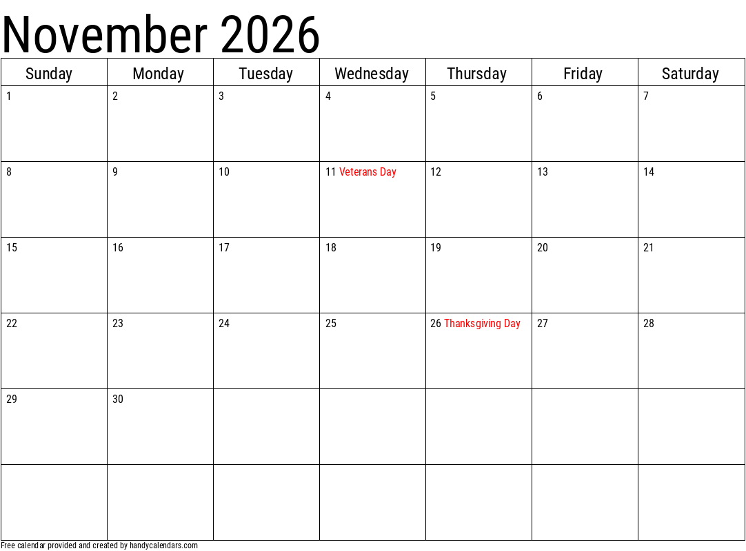 November 2026 Free Calendar Printable