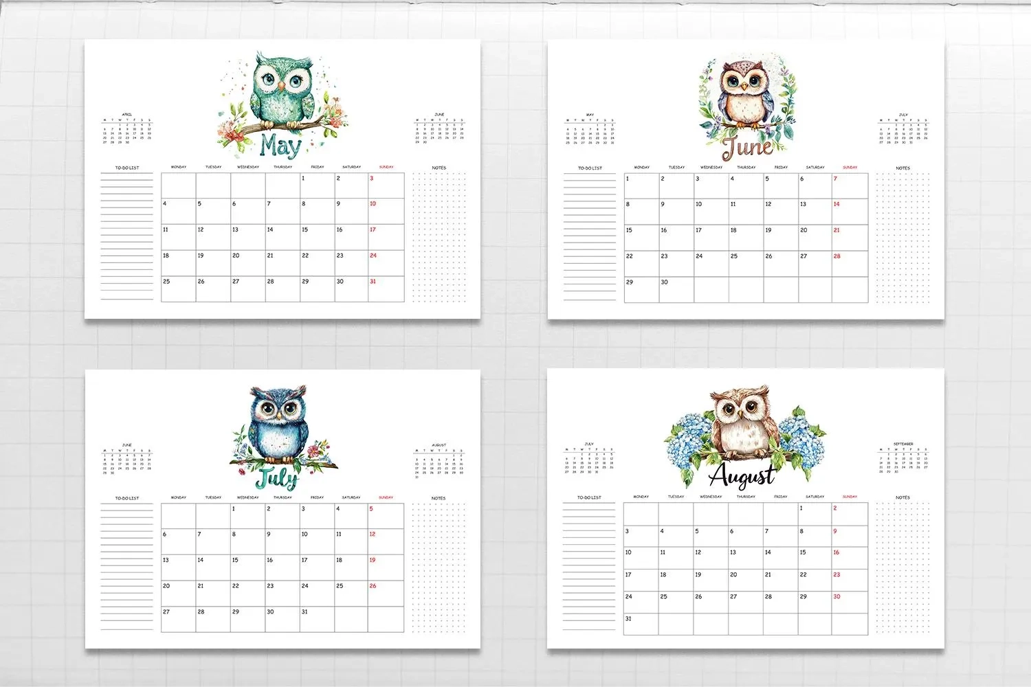 2026 Owl Watercolor Printable Calendar Monthly Wall Art Plus 