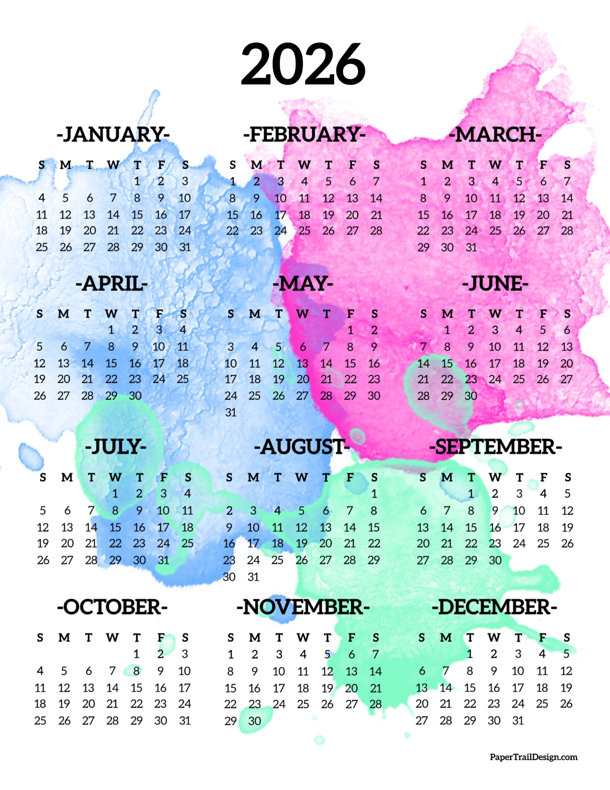2026 One Page Printable Calendar