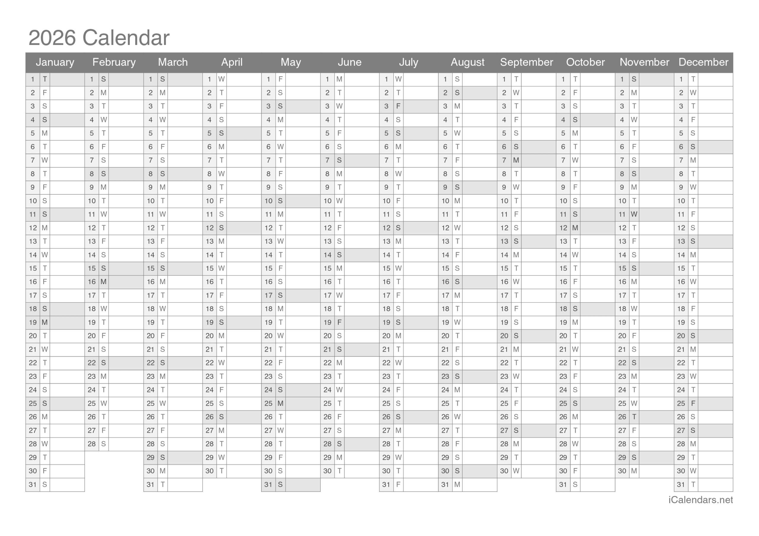 Blank Calendar 2026 Printable