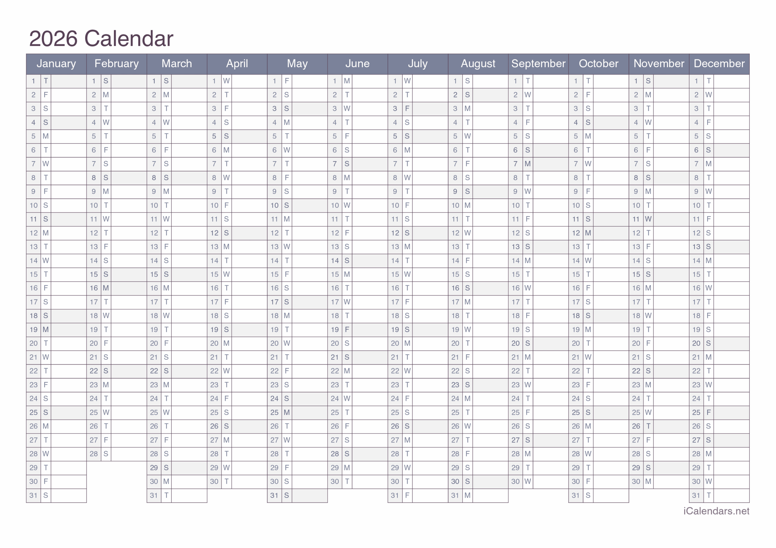 One Page 2026 Calendar Printable