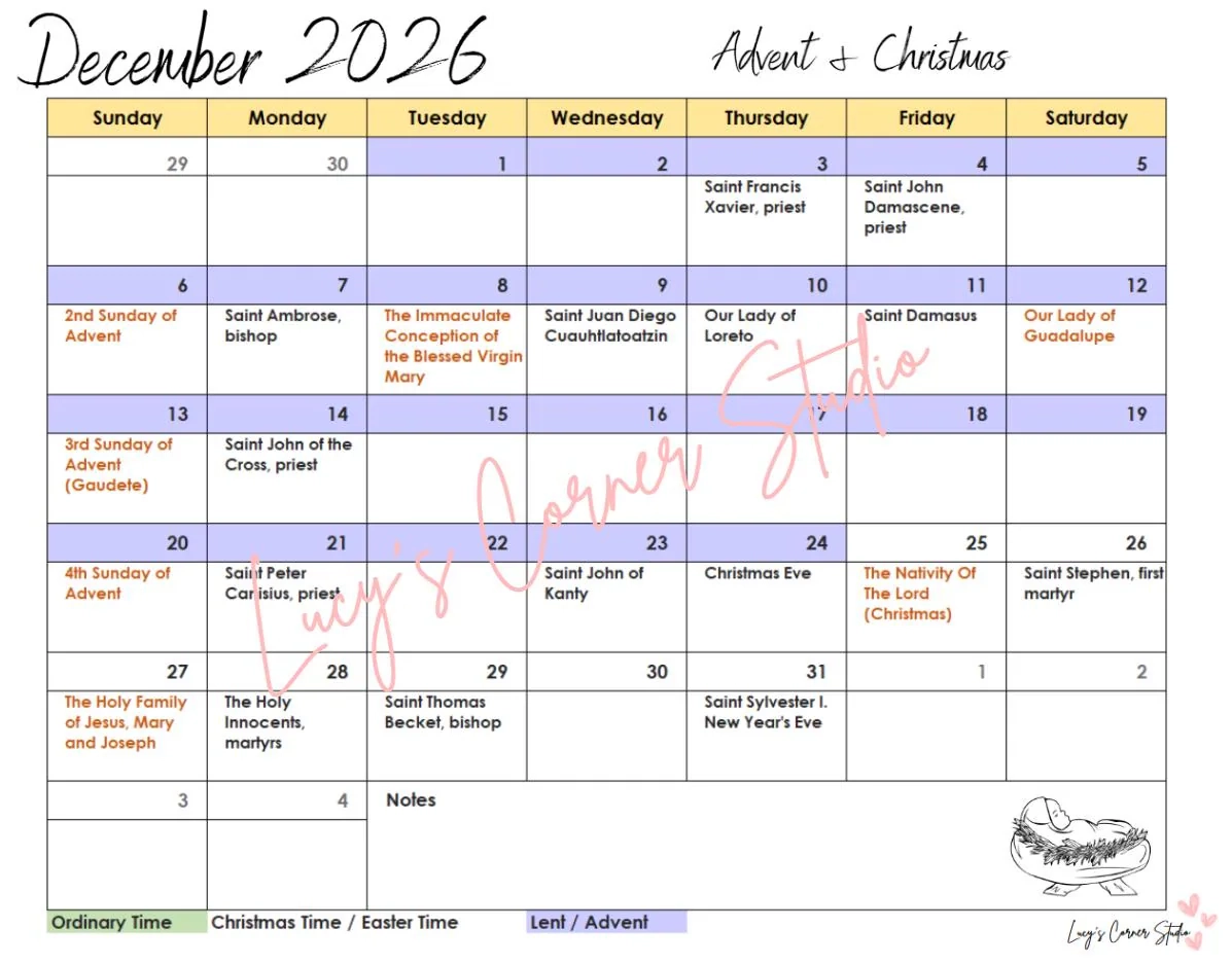 2026 Printable Monthly Catholic Calendar Liturgical Catholic 