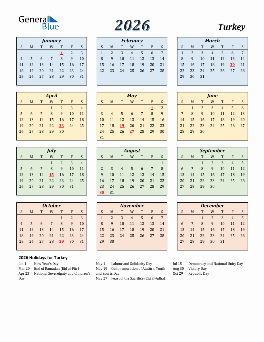 November Turkey 2026 Calendar Printable