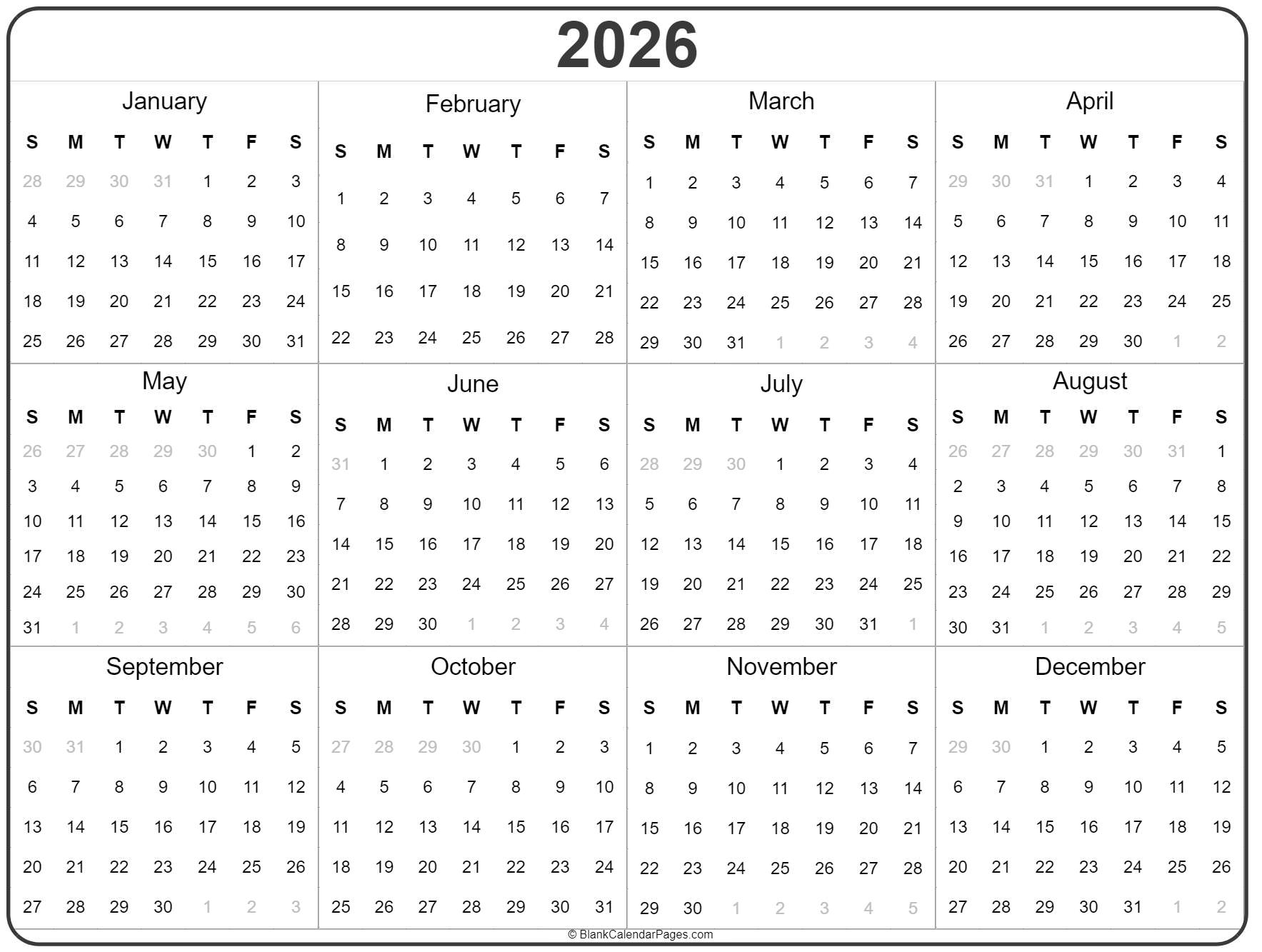 2026 Yearly Blank Calendar Printable