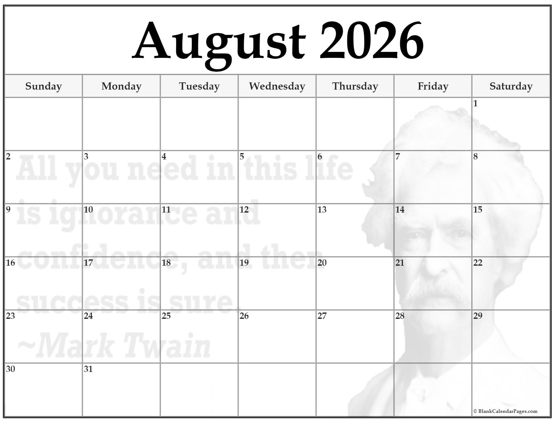 Aug Blank Calendar 2026