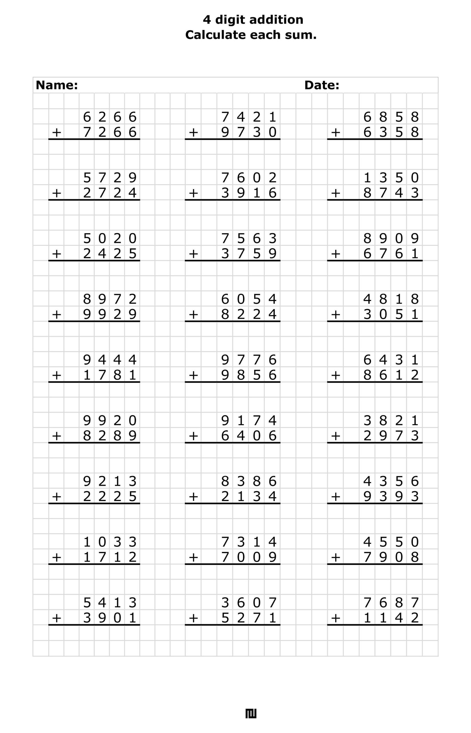 4th Grade Math Addition Worksheets Printable