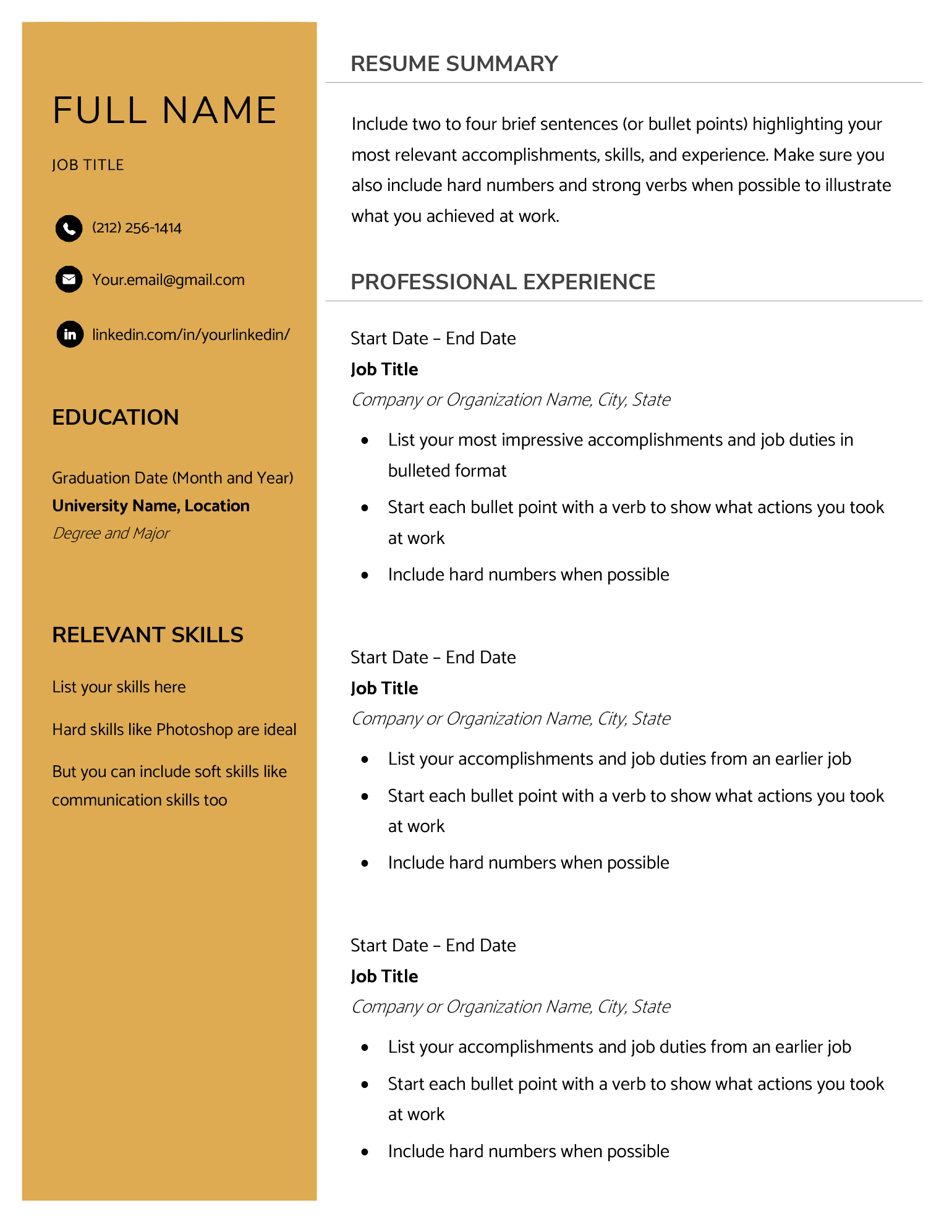 Printable Blank Resume Form