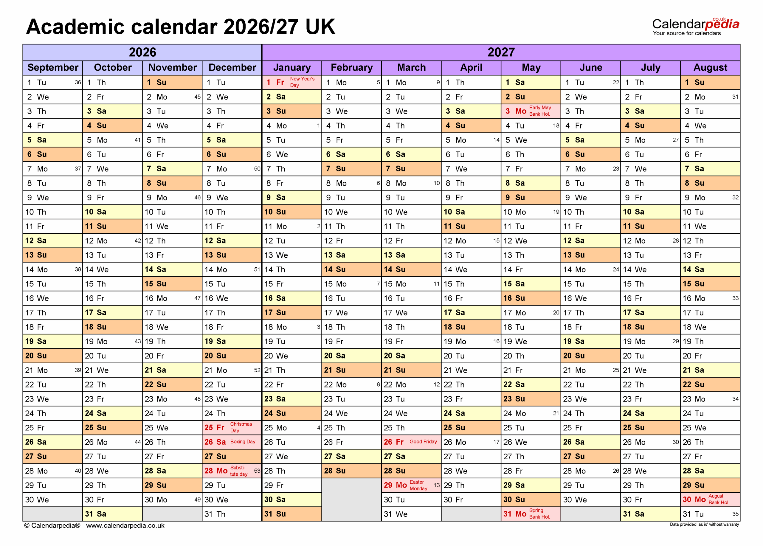 Academic Calendars 2026 27 UK Free Printable Word Templates