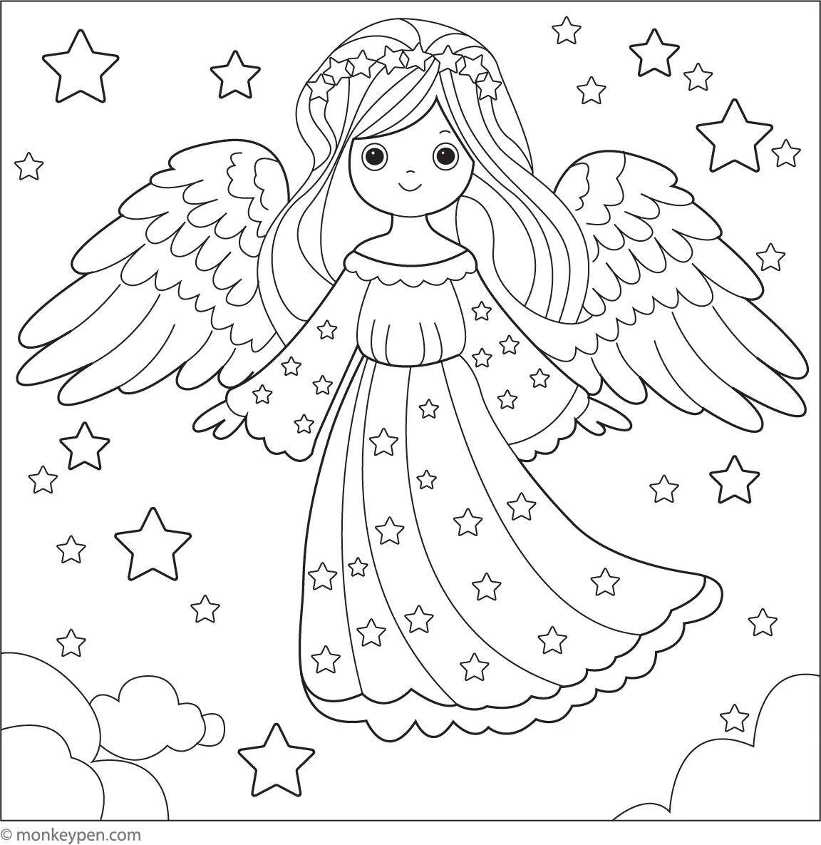 Angel With Twinkling Stars Free Coloring Page