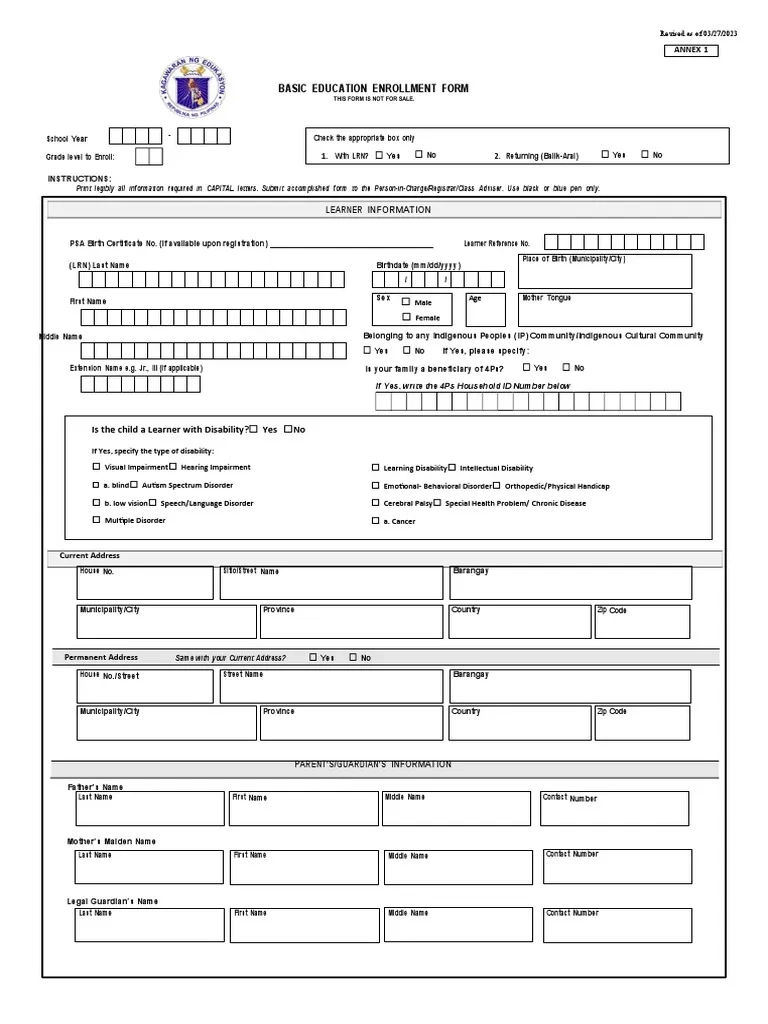 Annex Basic Education Enrollment Form PDF