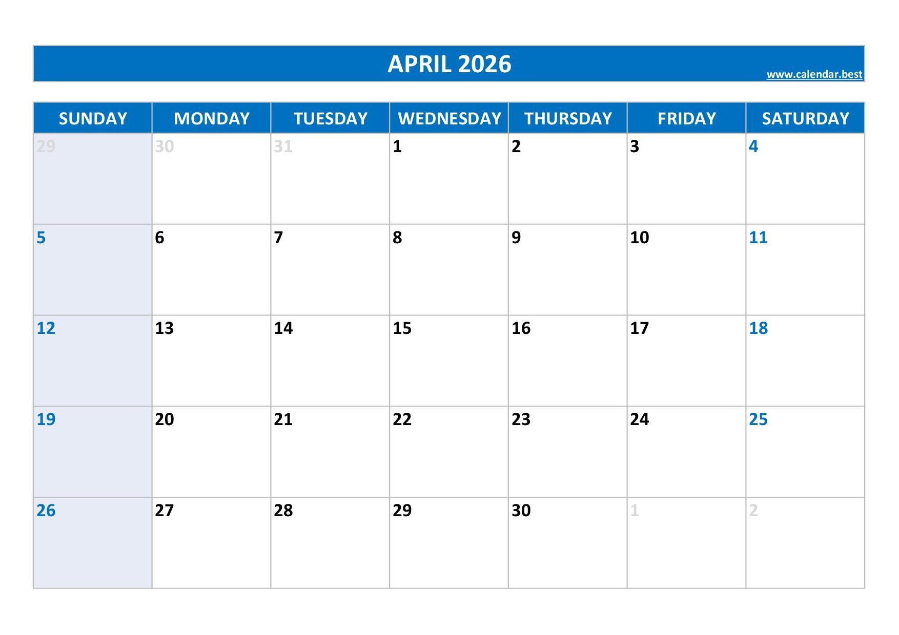 Blank Printable Calendars April 2026