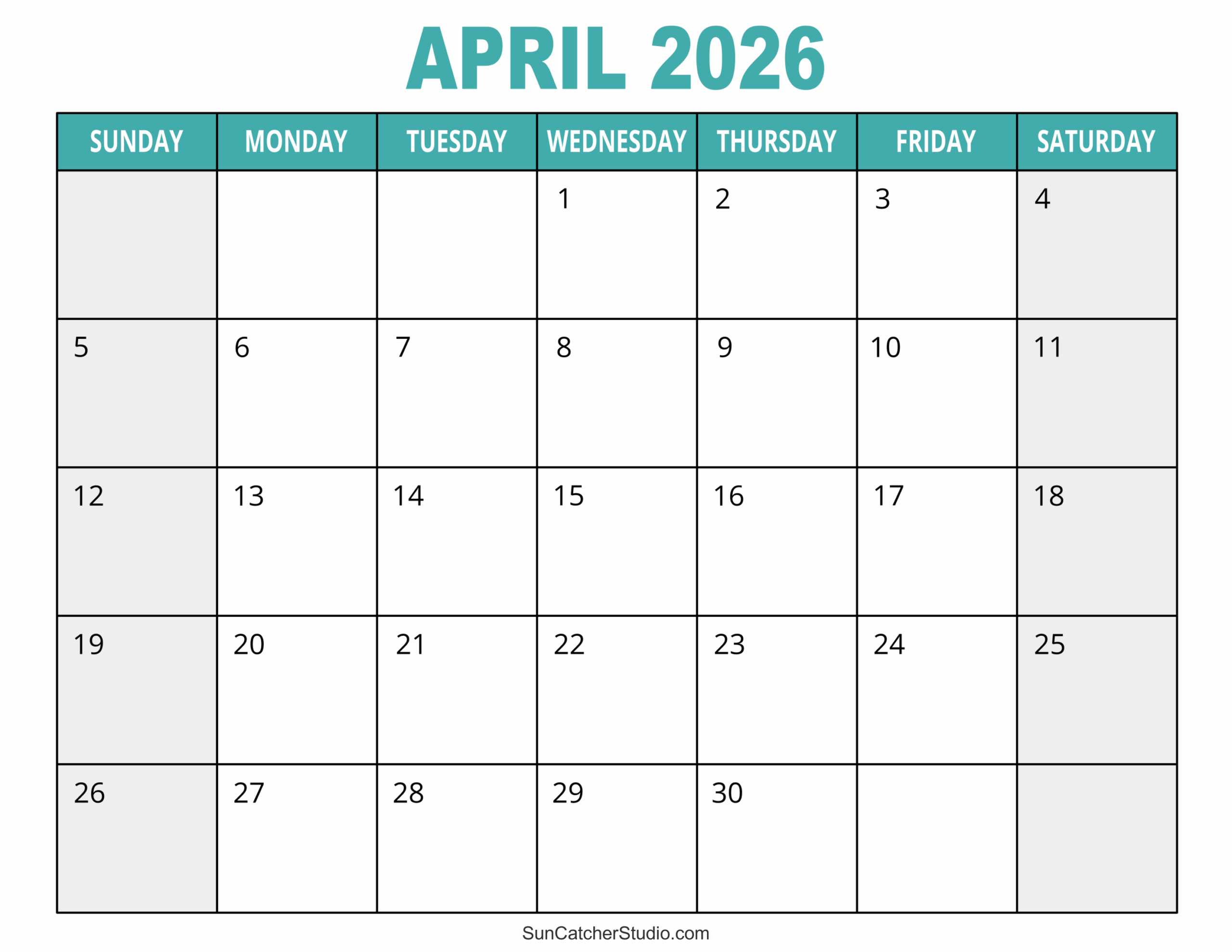 Blank Monthly Calendar Printable April 2026