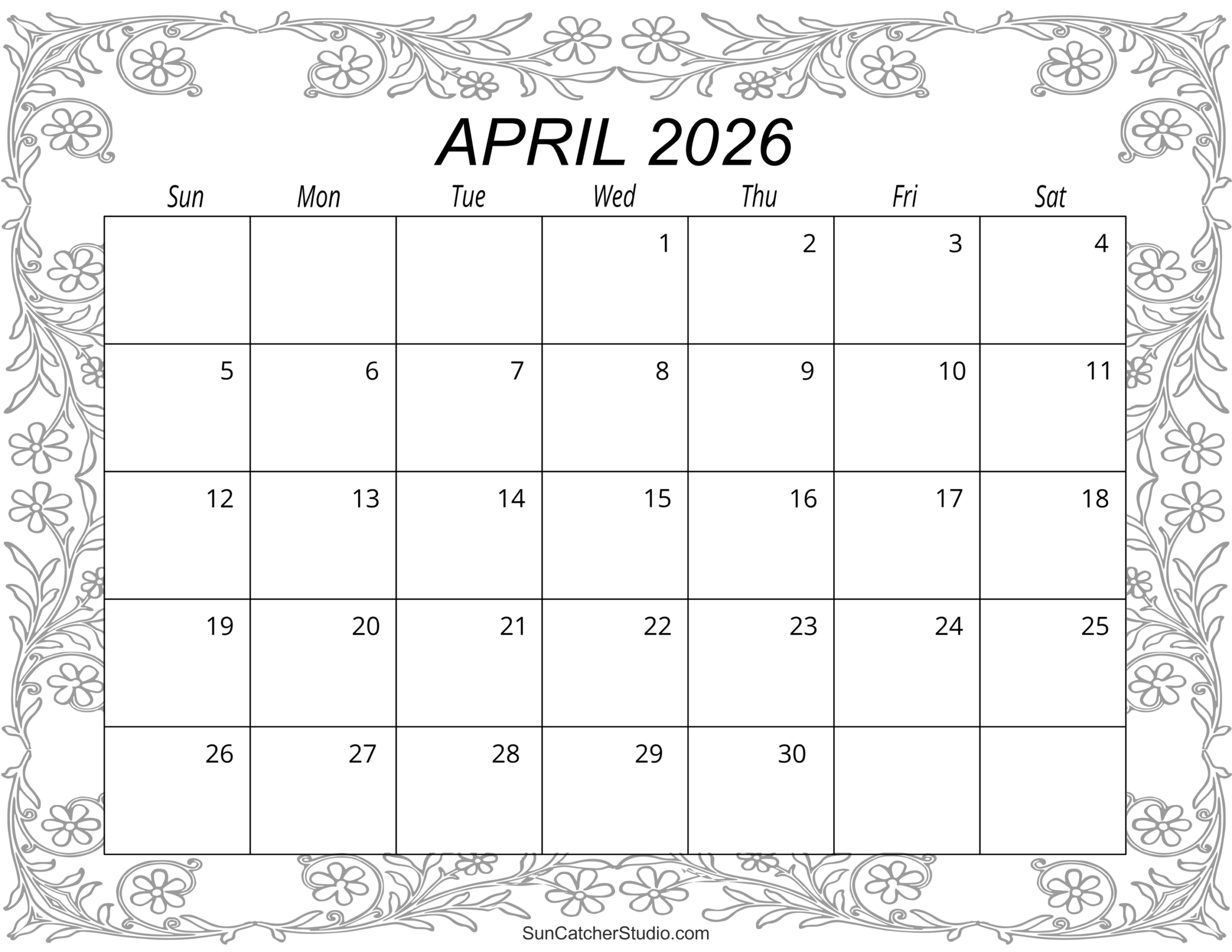 April Calendar 2026 Printable