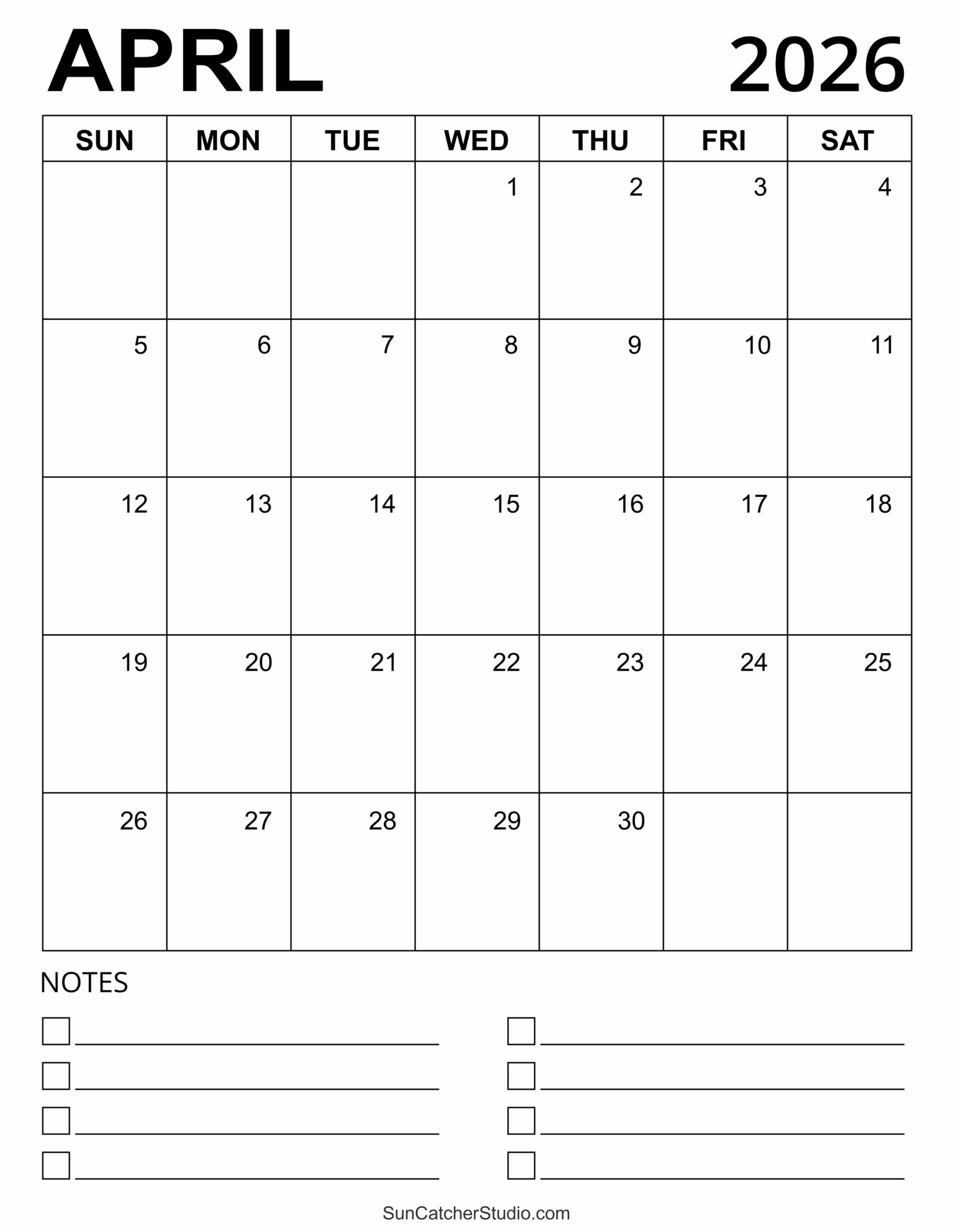 Free Blank April 2026 Calendar
