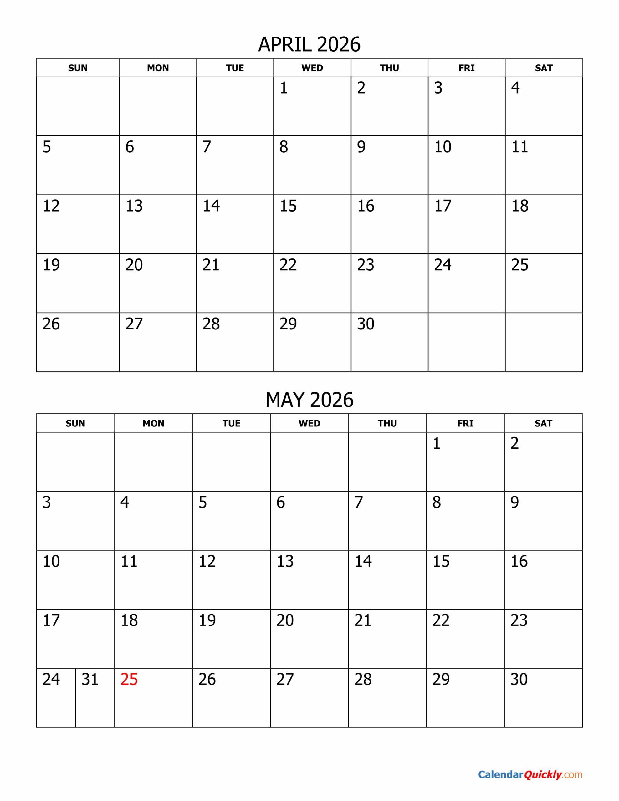 April And May 2026 Calendar Calendar Quickly