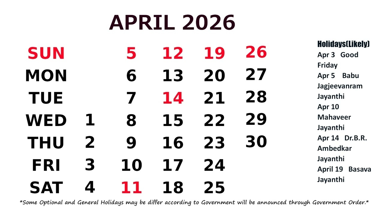 April 2026 Calendar With Holidays