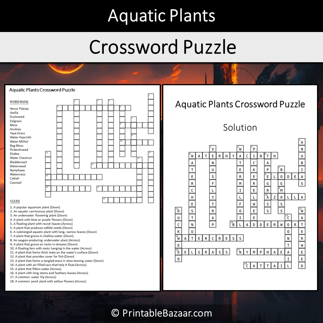 Aquatic Plants Crossword Puzzle Worksheet Activity Printable PDF