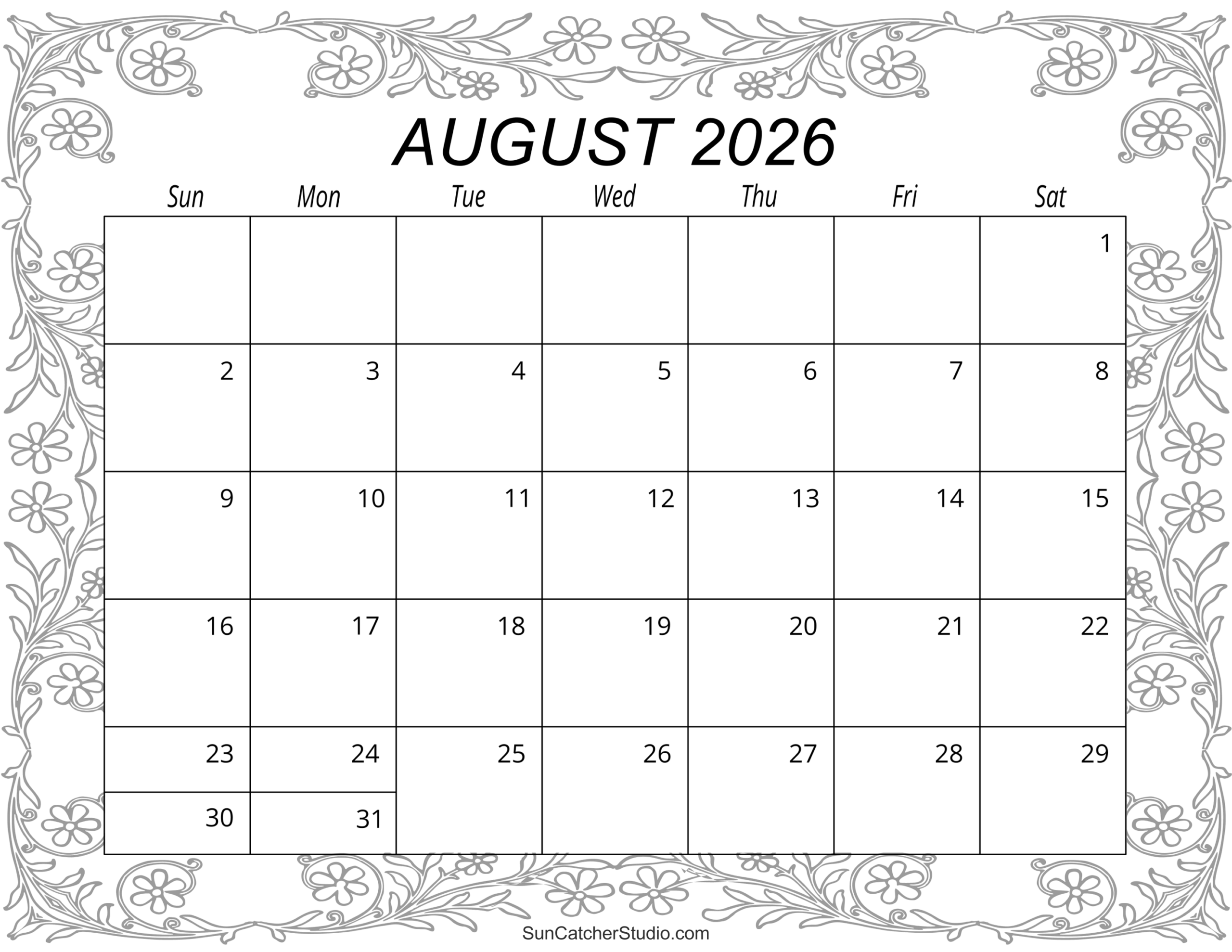 Blank August 2026 Calendar