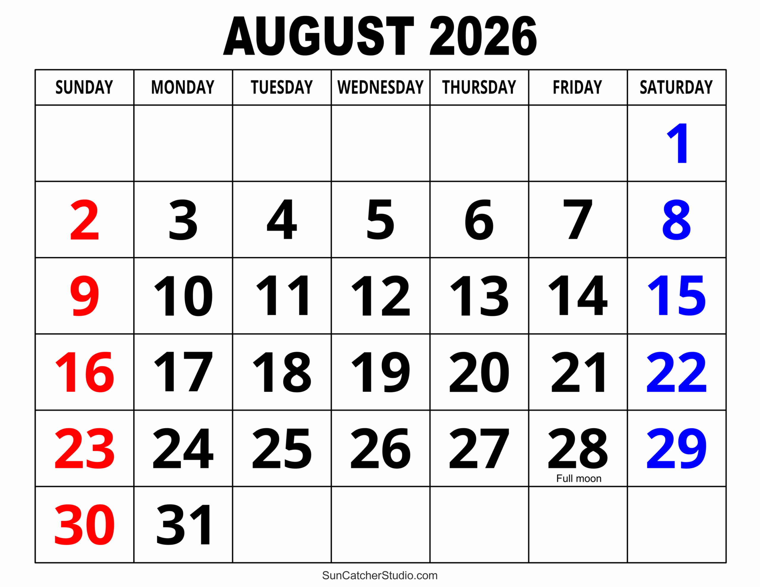 Free Printable August Calendar 2026