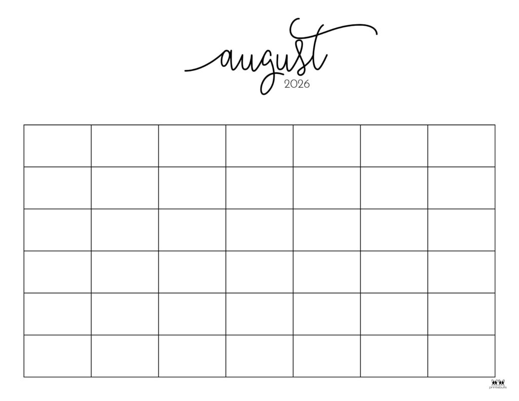 August Blank Calendar 2026 Printable Free