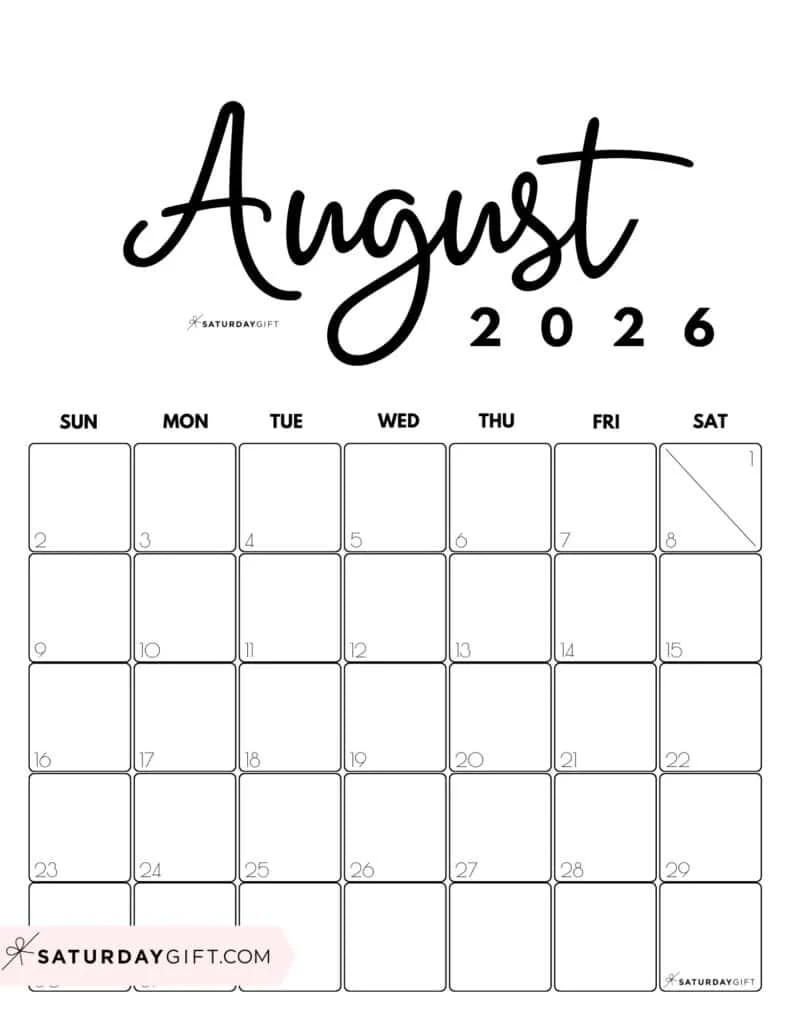 Blank August 2026 Calendar Editable