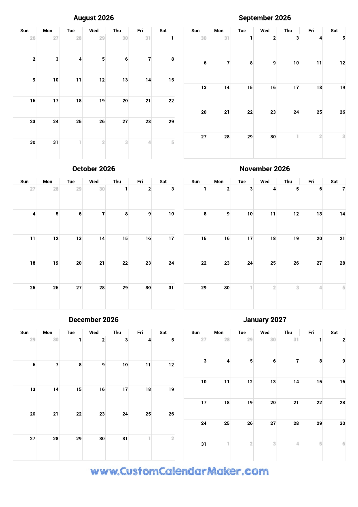 Printable Calendar August 2026 To June 2027