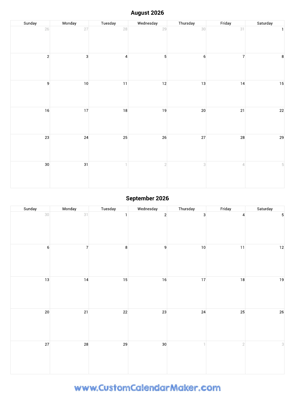 Blank August 2026 Calendar Portrait