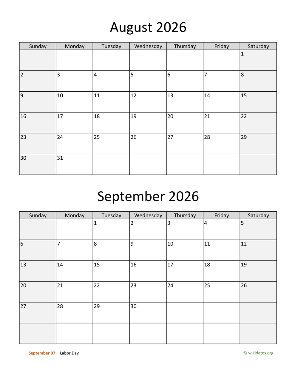 August To December 2026 Calendar Printable