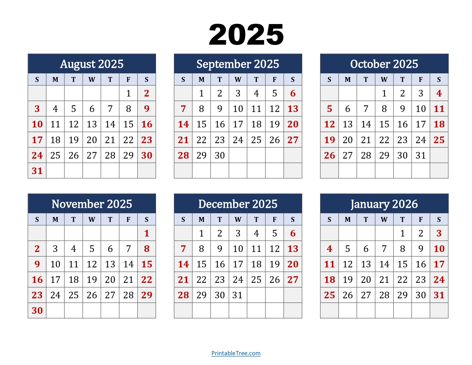 August Through December 2026 Calendar Printable