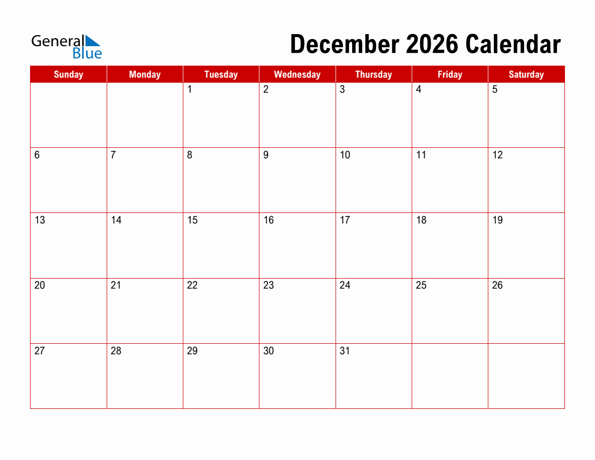 Blank Dec 2026 Calendar Printable