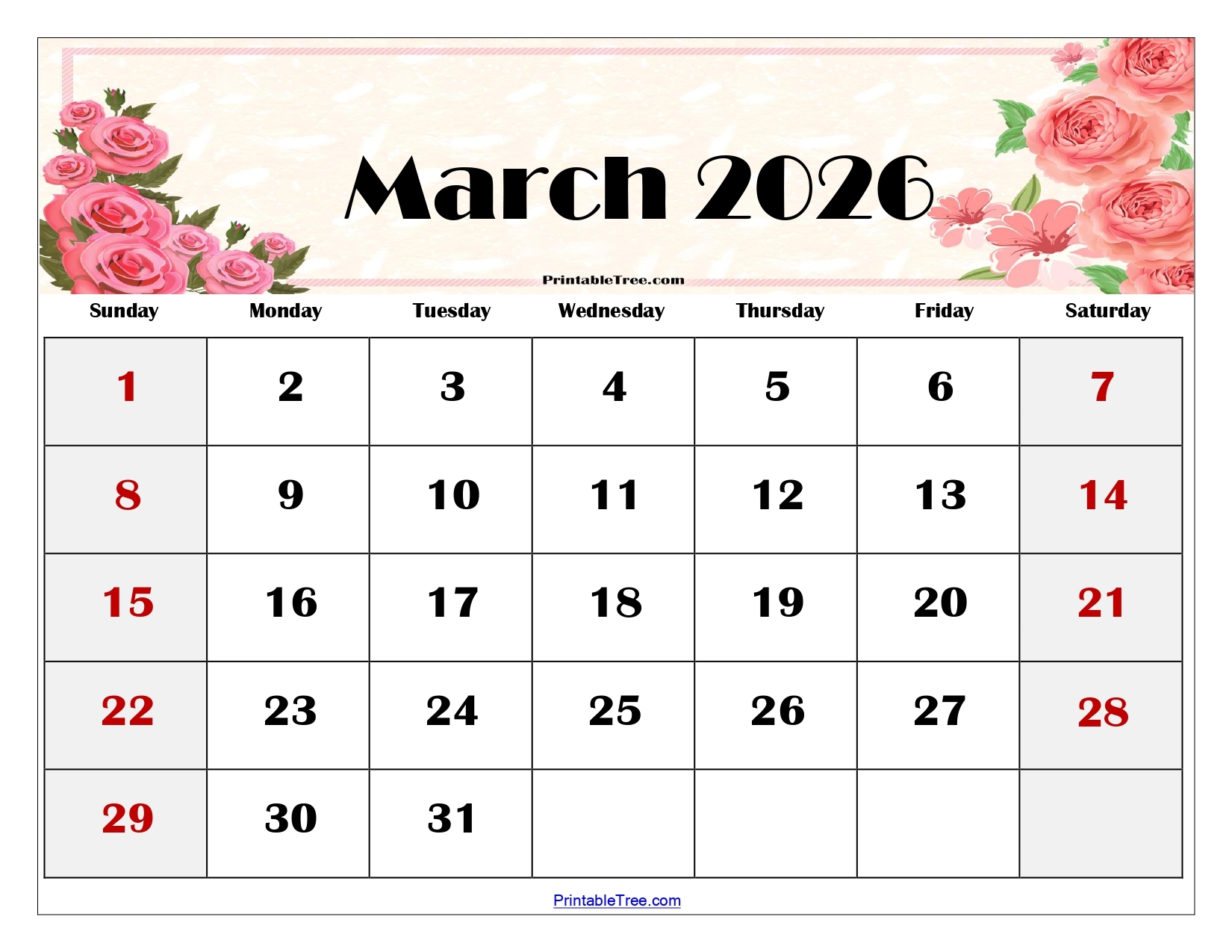 Printable March 2026 Calendar Pdf