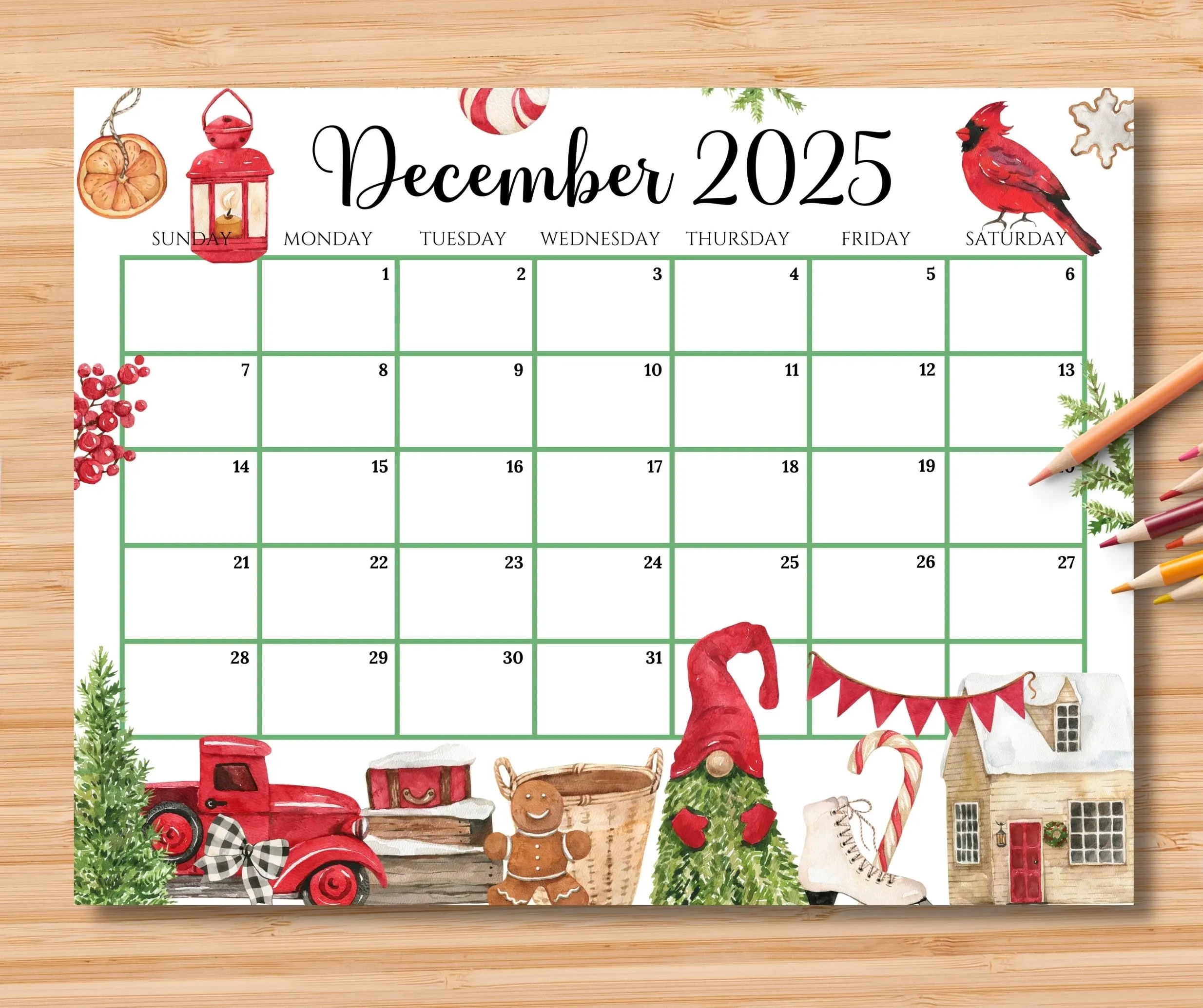 December 2025 Calendar Printable Handdrawm