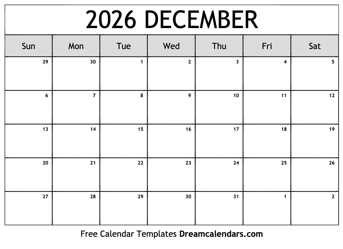 Blank Calendar 2026 December Printable