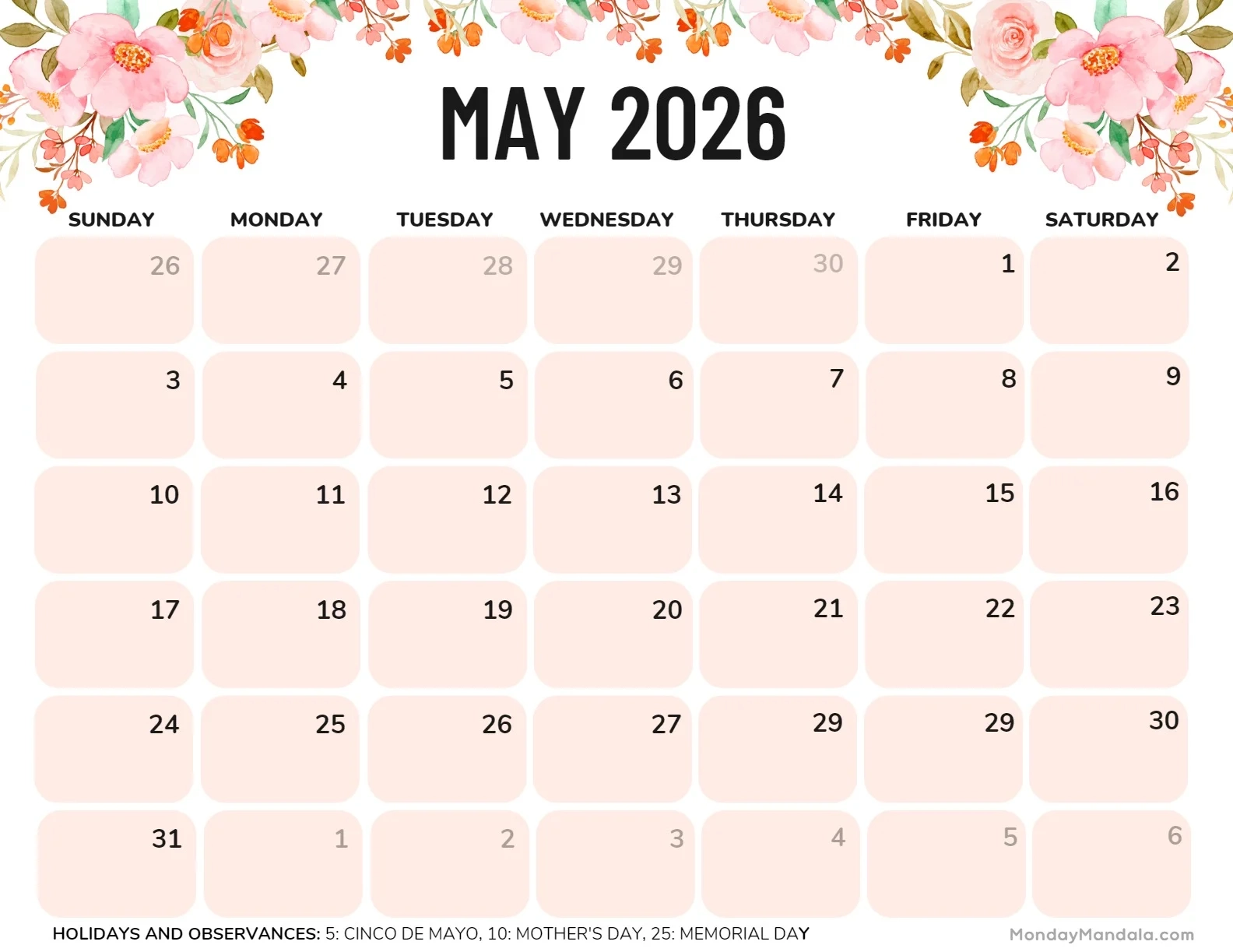 Calendar 2026 May World Holidays Calendar
